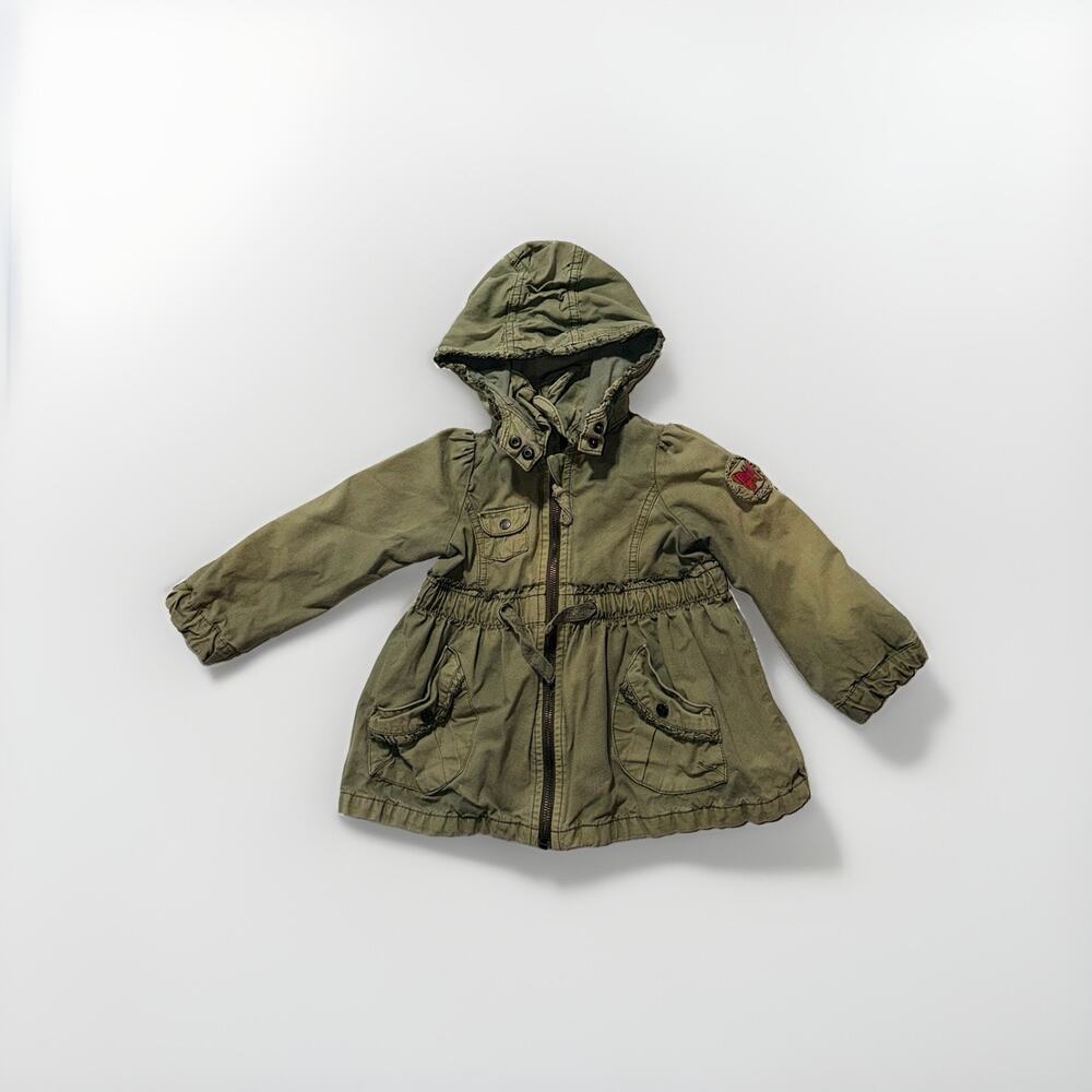 H&M Toddler Girls Boho Olive Green Utility Jacket Hooded Ruffle Butterfly 9-12M